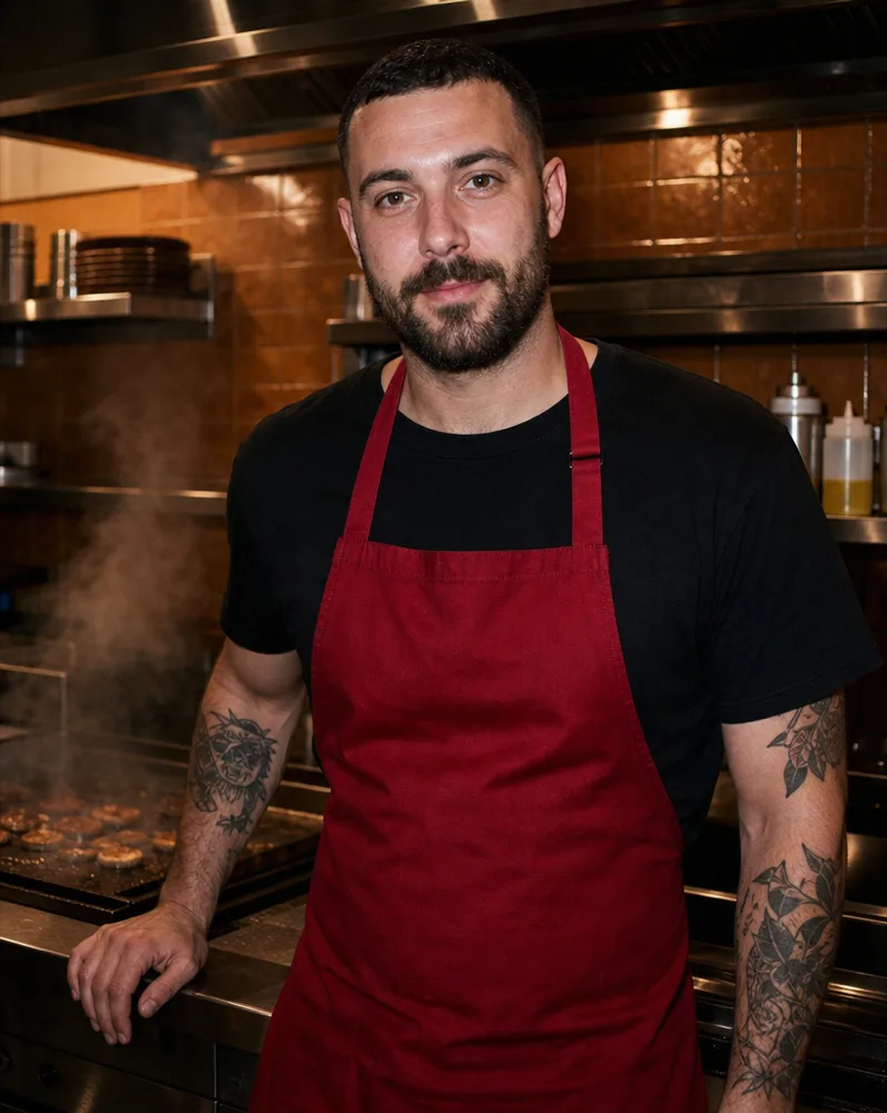 Rafa at the flat-top, one hand on the counter edge
