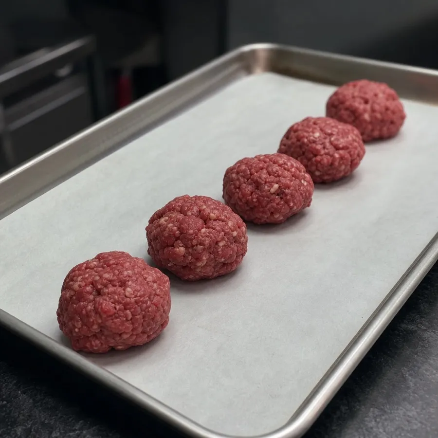 Loosely rolled balls of beef on a lined sheet tray