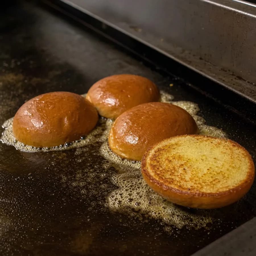 Potato buns toasting face down in butter on the flat-top