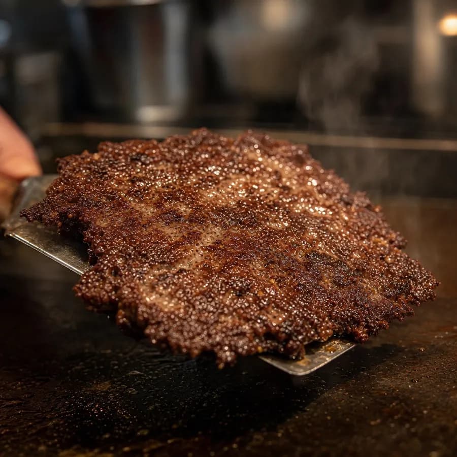 A spatula lifting a patty with a deep brown lacy crust