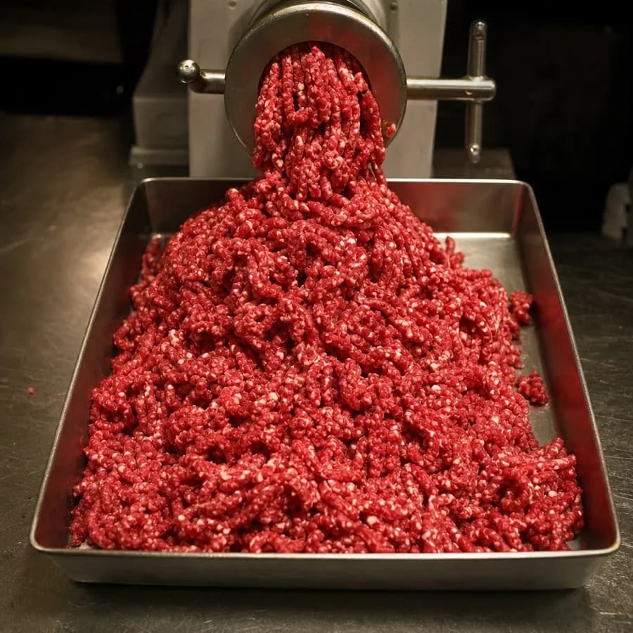 Coarse ground beef falling into a stainless tray