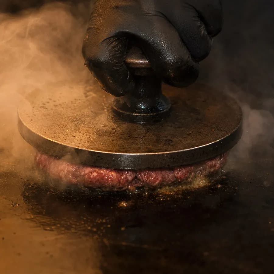 A heavy press bearing down on a patty in a cloud of steam