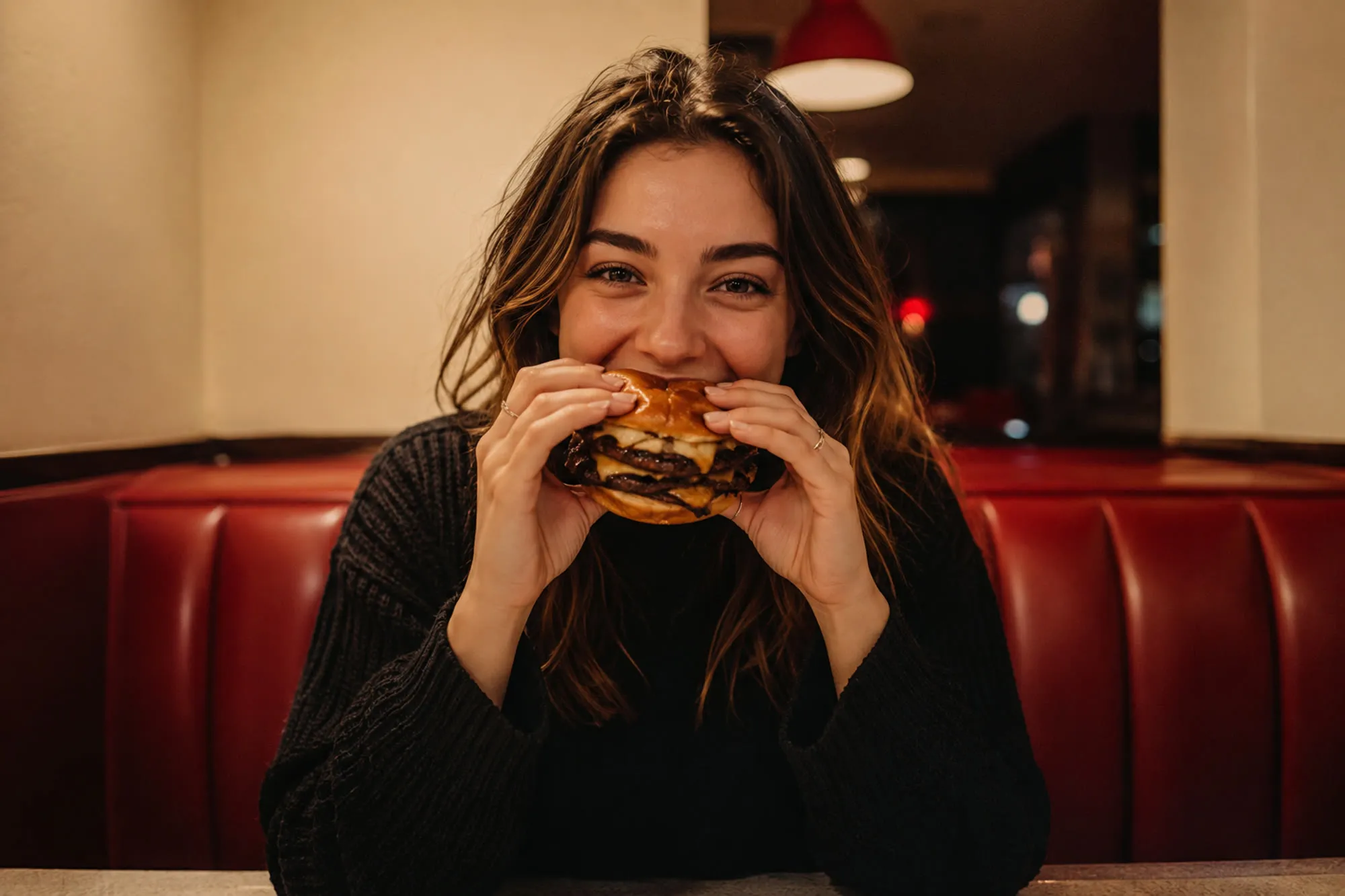 A regular grinning over a double smash burger in the back booth