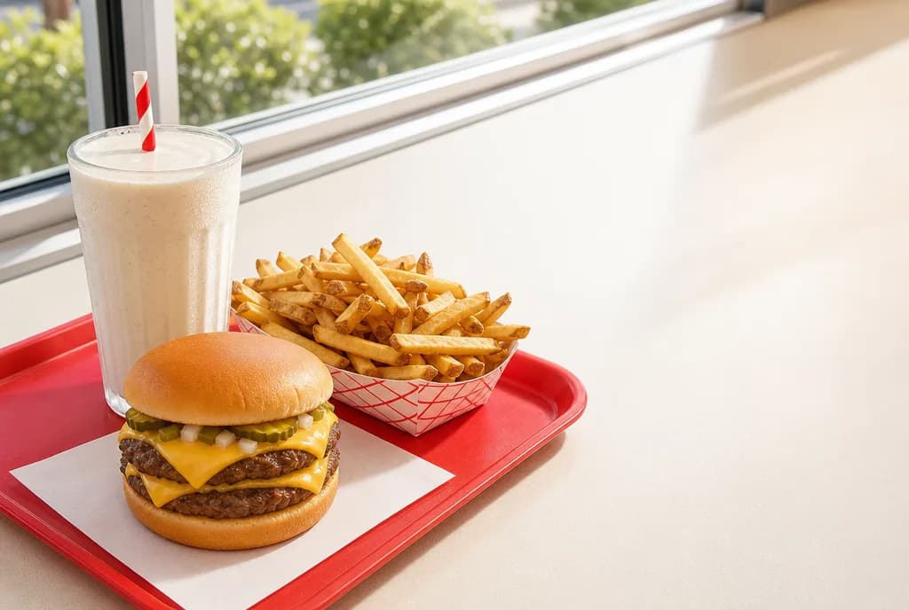 A red tray holding a double stack, a basket of hand-cut fries and a shake on a sunlit diner table