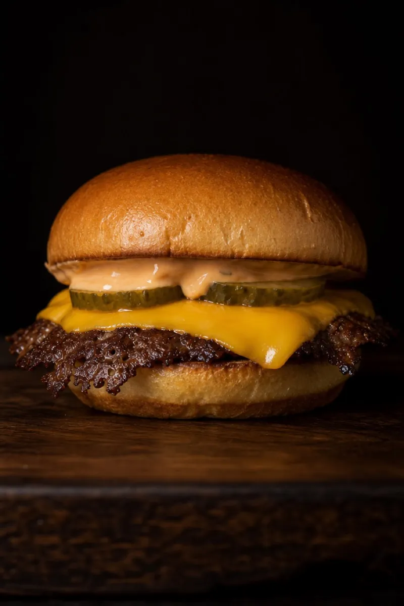 A single smash patty with american cheese, pickles and house sauce
