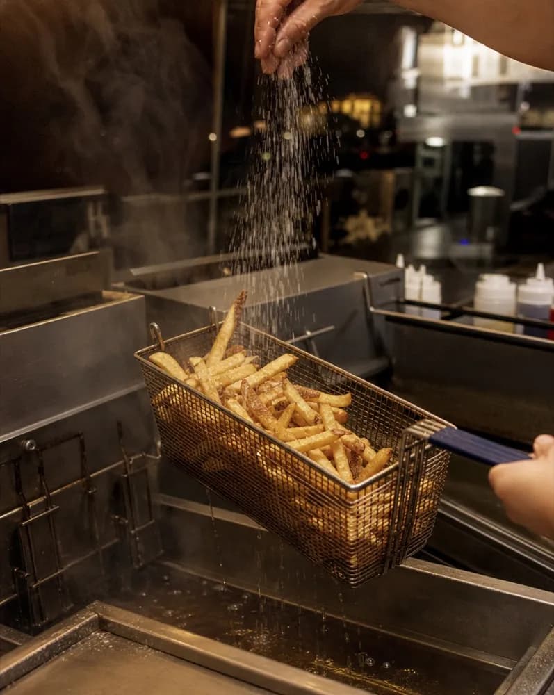 Salt falling over a fry basket fresh out of the oil