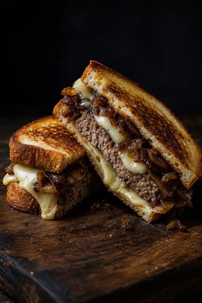 Patty melt on griddled sourdough with swiss and sweet onion