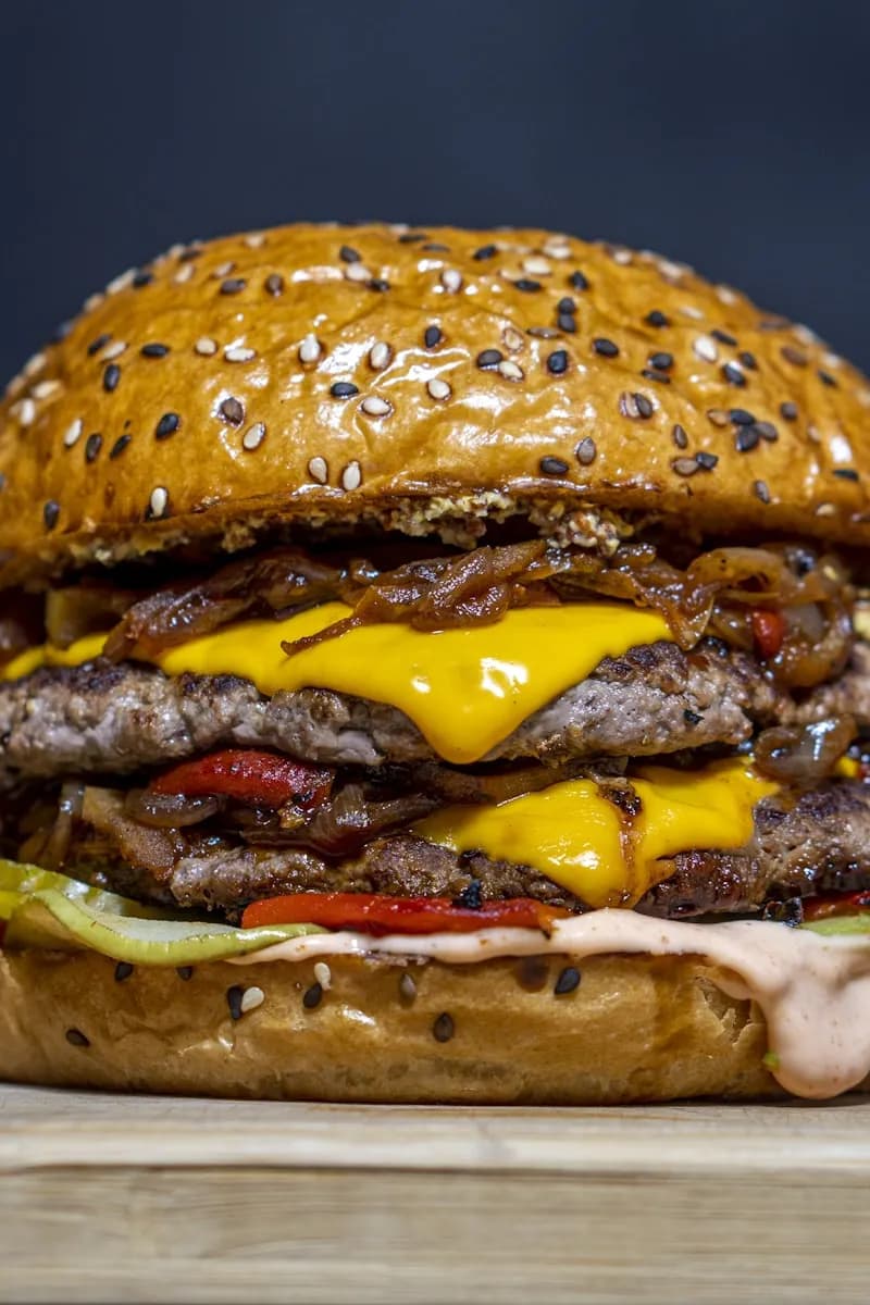 Double cheeseburger topped with caramelized onions