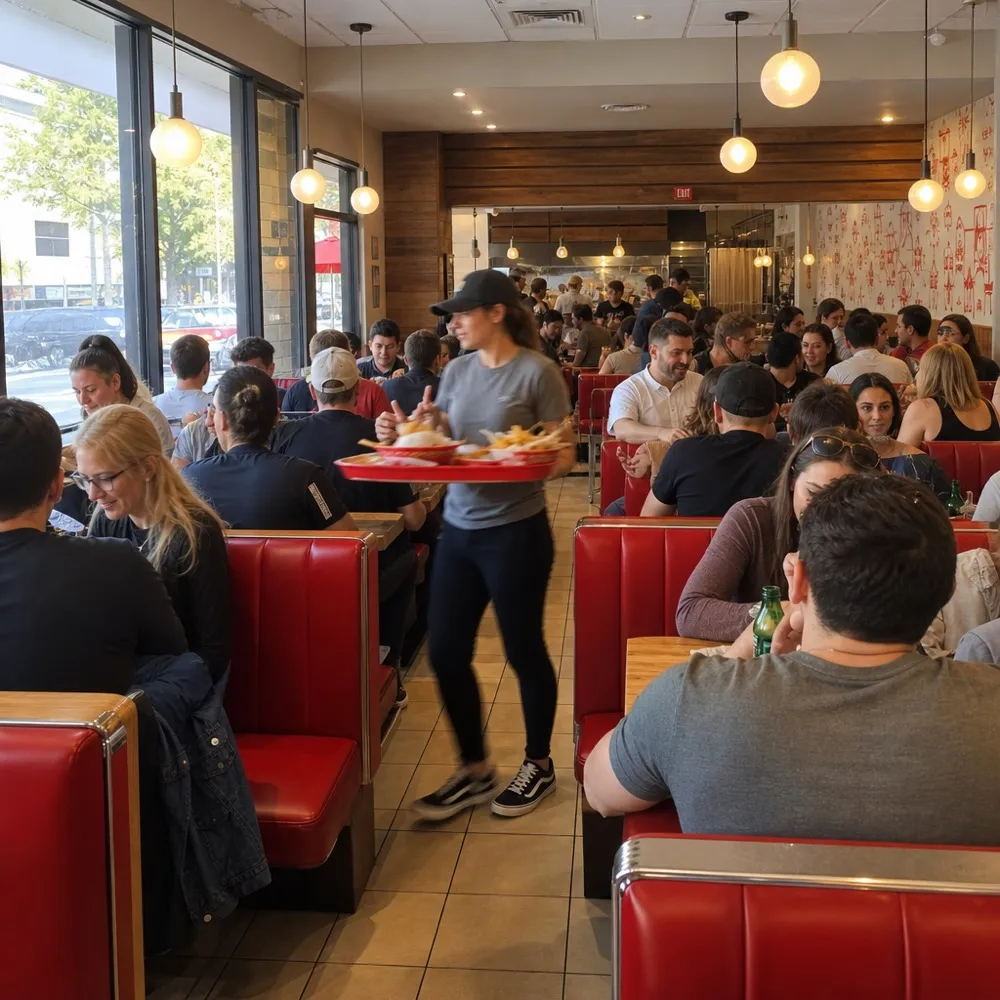 Every booth full at dinner, a server crossing the room with a loaded tray